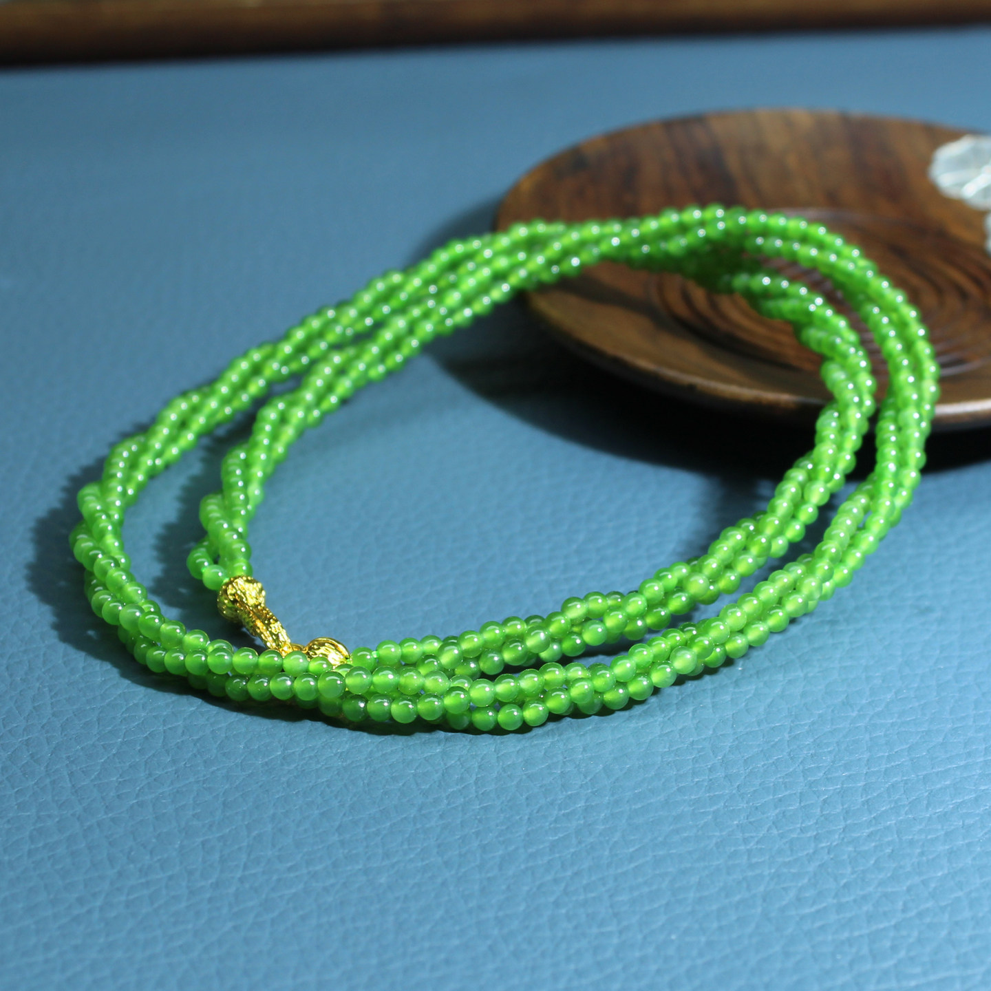 玉禧珠宝和田玉俄料碧玉项链3mm圆珠手串辣阳绿无黑点扭扭链手链w