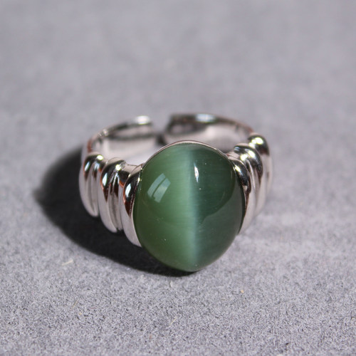玉禧珠宝精品亮眼老俄料粉青猫眼碧玉925银镶玉戒指圈口可调节A1