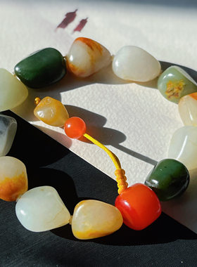 罕见方言和田玉精品新疆玉龙河老熟黄沁皮白玉籽料多宝原石手串w1