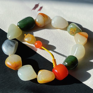 罕见方言和田玉精品新疆玉龙河老熟黄沁皮白玉籽料多宝原石手串w1