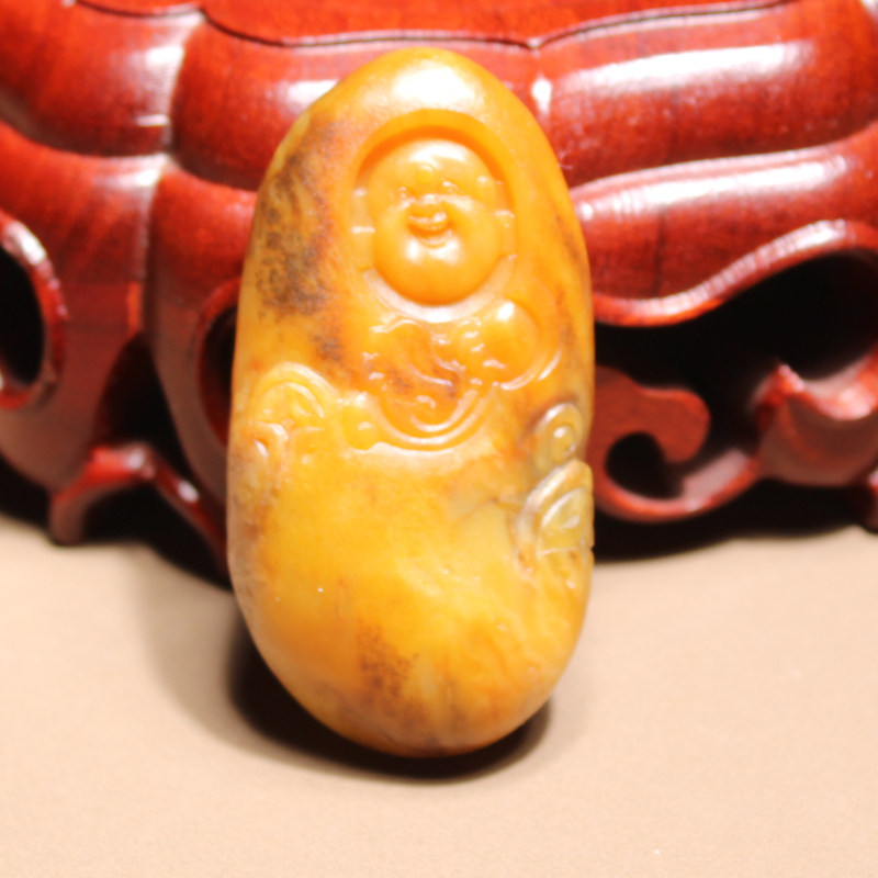 玉禧珠宝和田玉精品特色新疆玉龙河黑油皮黄沁籽料独籽笑佛吊坠W1
