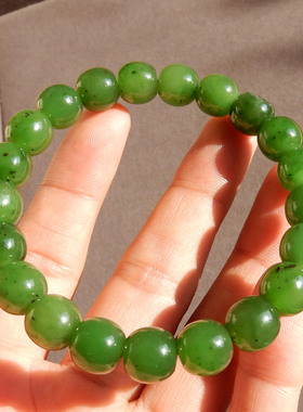 惊呆了方言和田玉放巨漏新疆碧玉籽料留皮孔10mm老型珠手串手链w2