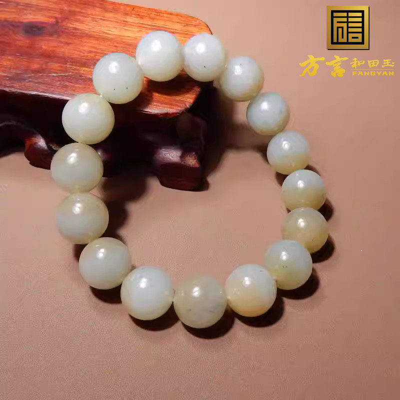 方言和田玉罕见特色级大漠古风楼兰三色玉青花12mm圆珠手串手链s2