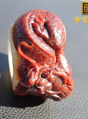 方言镇店之宝古河道双色红沁皮黄白种籽料内径22豪华生肖龙扳指R