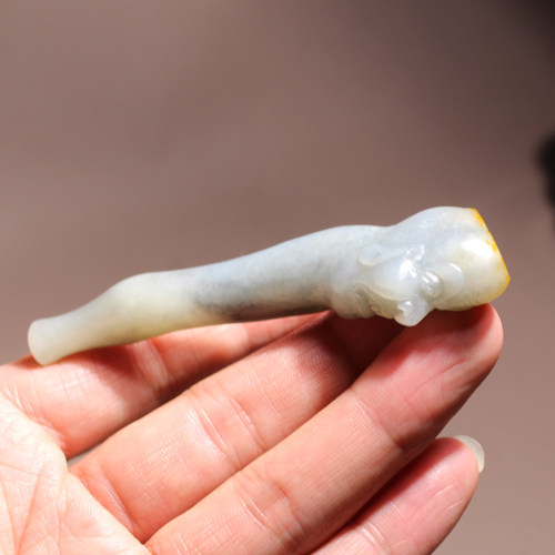 和田玉青花籽料留皮罗汉头烟嘴