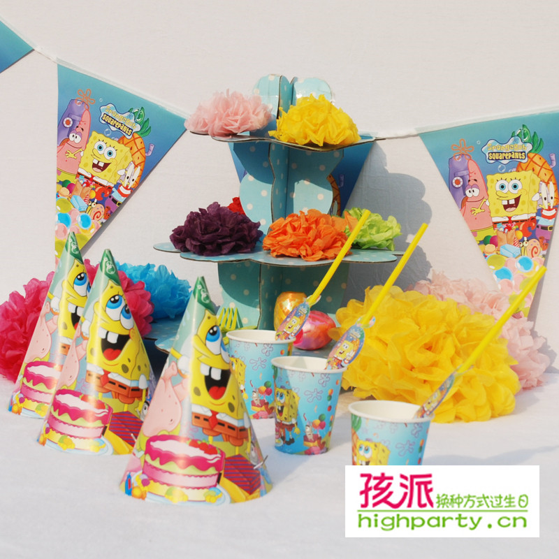 宝宝生日派对海绵宝宝主题餐具派大星一次性纸杯生日帽布置装饰品