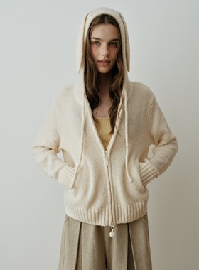 赵露思同款 秋冬连帽针织开衫系带耳朵拉链毛衣外套慵懒风上衣女