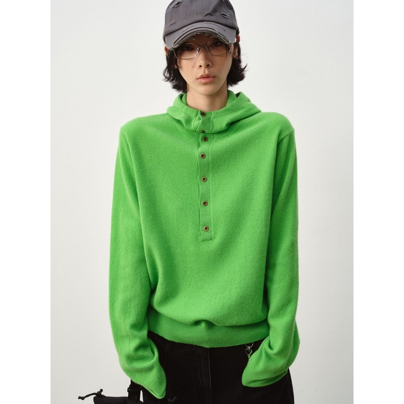 2025新款春秋休闲连帽羊毛毛衣女针织衫半开领长袖宽松上衣外穿潮