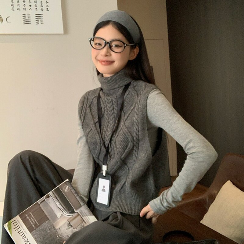 灰色双面穿高领针织衫背心女秋冬氛围感外搭叠穿坎肩无袖毛衣马甲