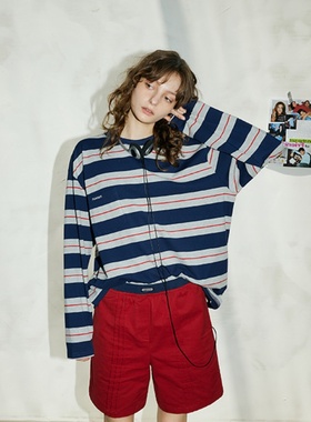 法式复古圆领纯棉条纹撞色宽松长袖t恤早秋百搭慵懒字母刺绣上衣