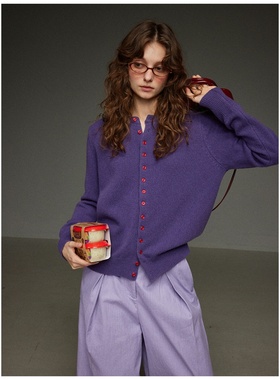 法式复古紫色针织软糯毛衣开衫外套女春秋季慵懒风葡萄紫上衣外搭