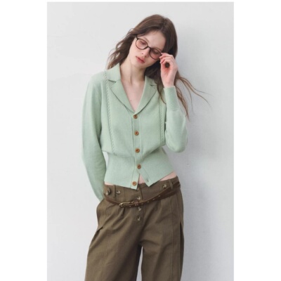 法式气质浅绿色显瘦修身毛衣针织衫外套女开衫收腰羊毛短款上衣春