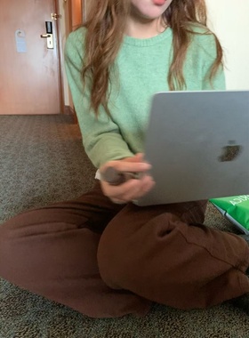 韩版果子绿圆领休闲针织衫女秋冬百搭短款长袖正肩纯色基础款毛衣