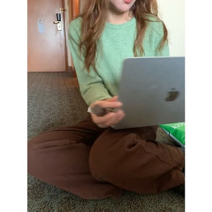 正肩纯色基础款 韩版 长袖 女秋冬百搭短款 毛衣 果子绿圆领休闲针织衫