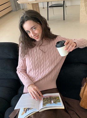 温柔风粉色圆领套头麻花针织衫上衣女秋冬休闲气质显瘦打底衫毛衣