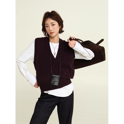 黑色叠穿马甲背心上衣女V领无袖针织衫坎肩马夹套头毛衣宽松显瘦