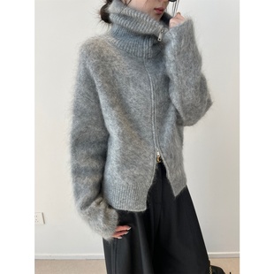 高级感深灰色双拉链毛茸茸毛衣外套女秋冬季加厚保暖长袖外搭开衫