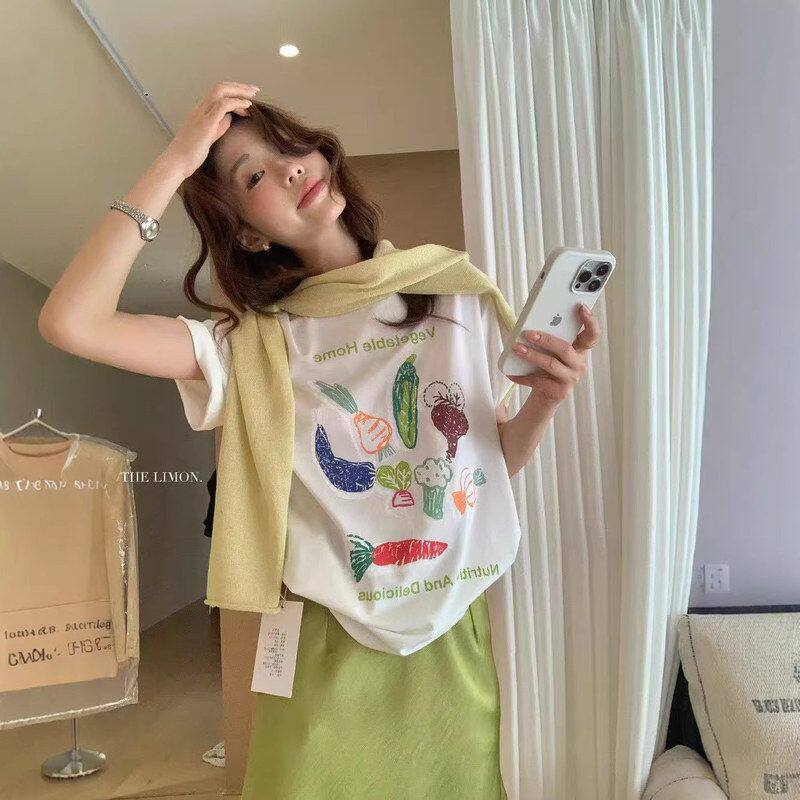 26夏季新款韩版涂鸦蔬菜图案印花短袖圆领宽松T恤女时尚百搭上衣