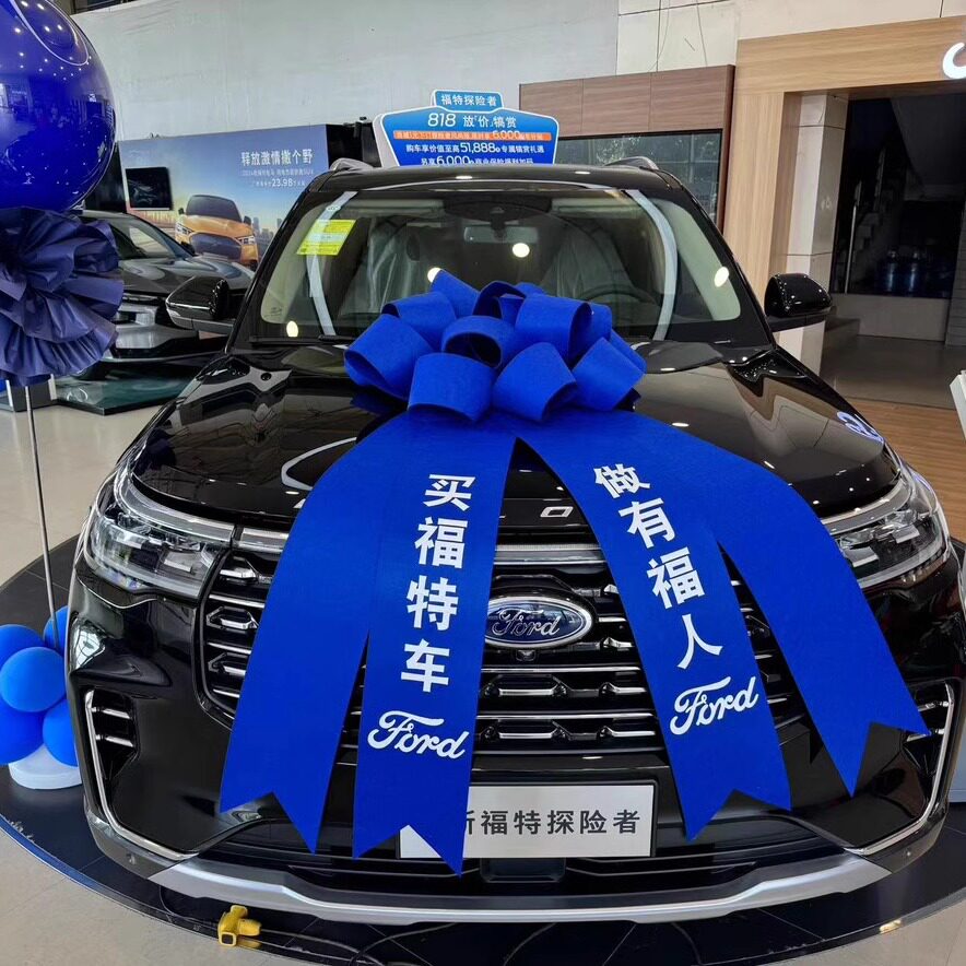 蓝色交车蝴蝶结福特展厅提新车仪式布置装饰欧拉大红花蝴蝶结拉花