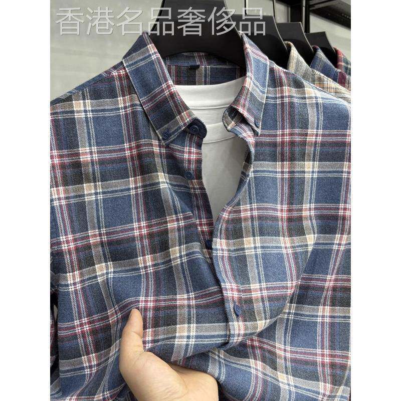 专柜同款100%棉磨毛格子衬衫秋冬新款纯棉格子衬衫男款时尚衬衣