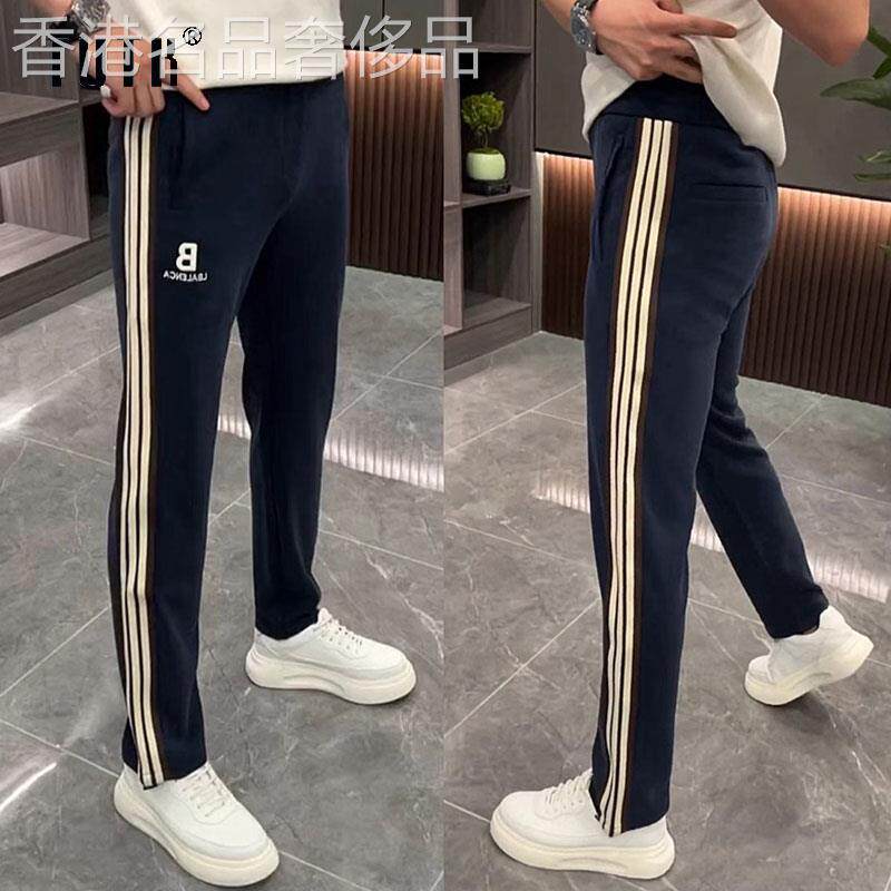 条纹休闲裤子男款夏季潮牌修身小脚卫裤男士百搭拼接直筒运动长裤