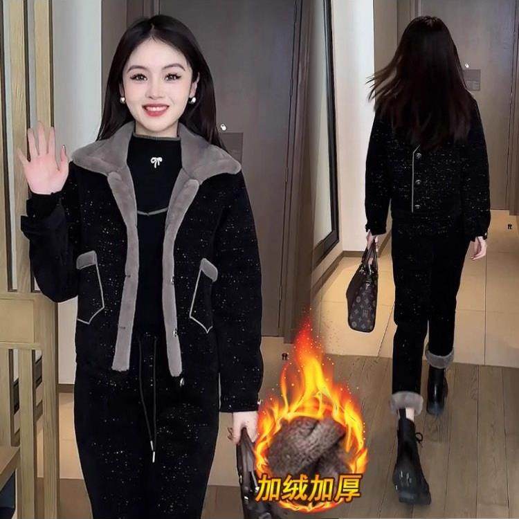 加绒加厚休闲运动套装女2025秋冬季新款时尚洋气小个子外套两件套