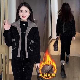 加绒加厚休闲运动套装女2025秋冬季新款时尚洋气小个子外套两件套
