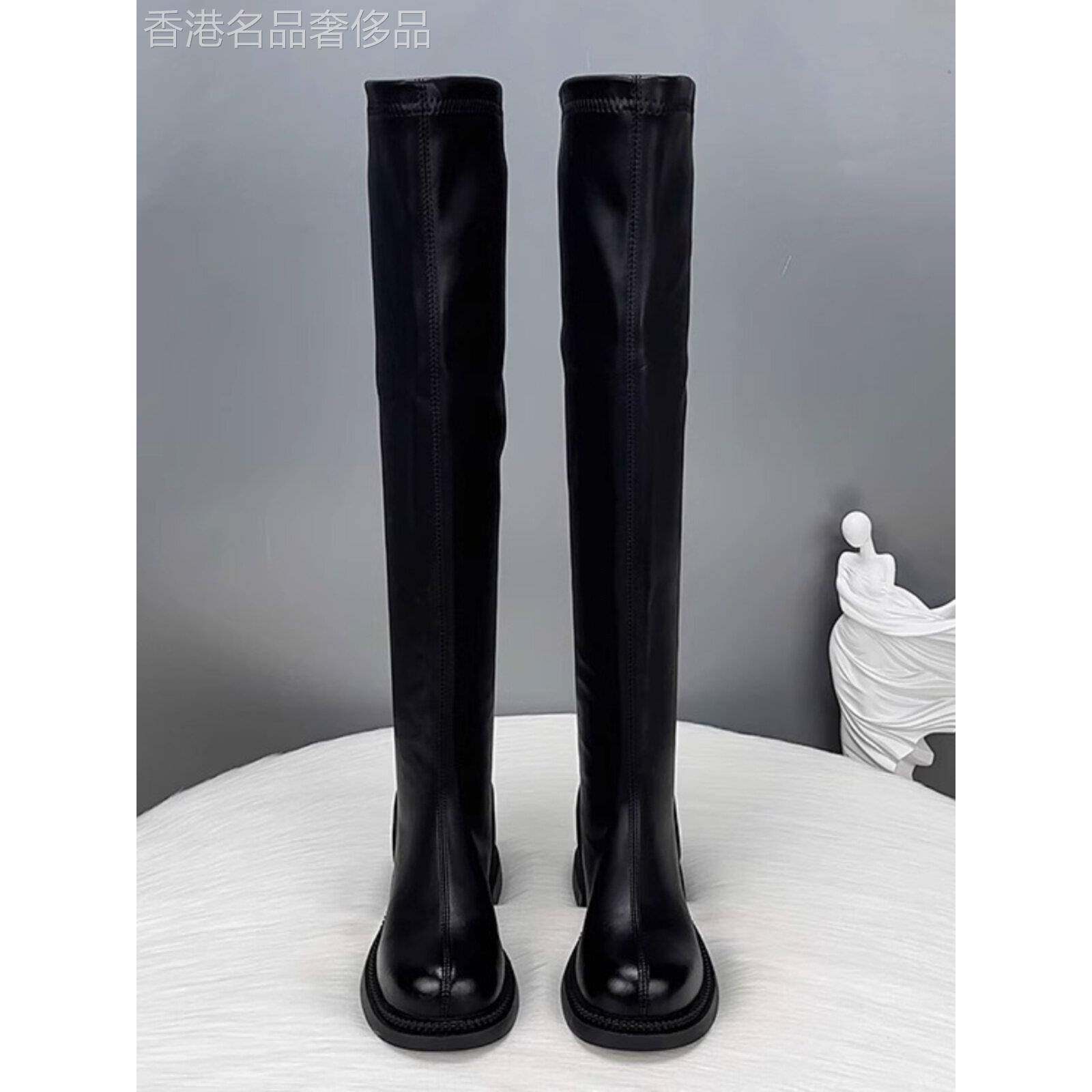 香港真皮过膝女式秋冬靴2025新款丝绒修身弹力增高骑士靴