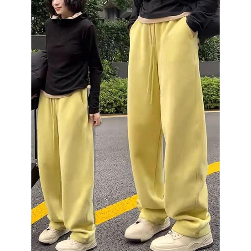 黄色阔腿裤女春秋欧货宽松休闲高腰显瘦直筒卫裤垂感拖地长裤子