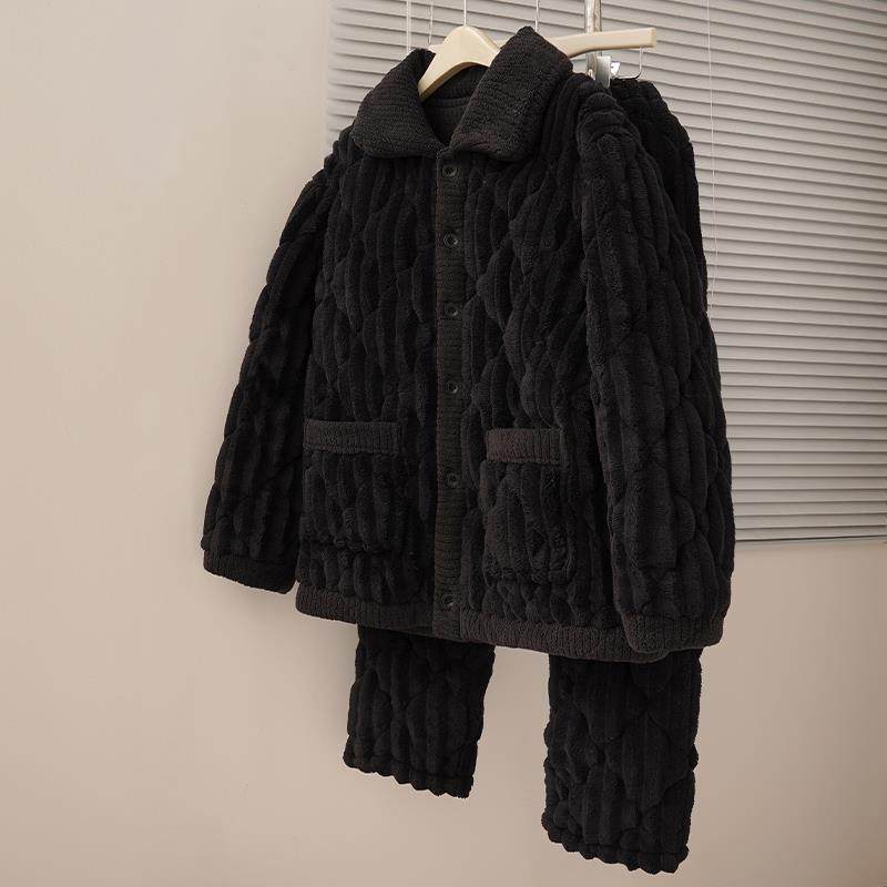 珊瑚绒男士睡衣秋冬季三层夹棉加绒加厚大尺码保暖青少年男款家居