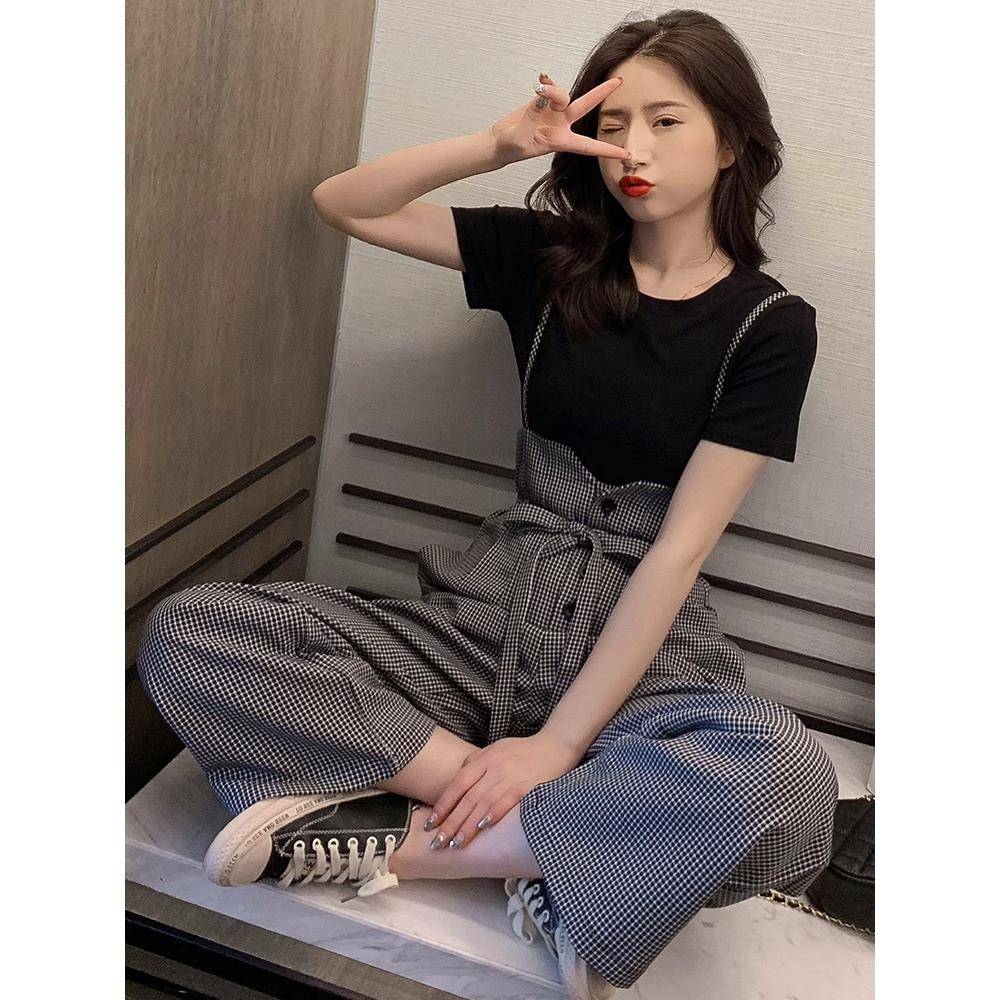 欧洲夏季新港式时尚t恤+菱形格子背带裤阔腿裤街头两件套