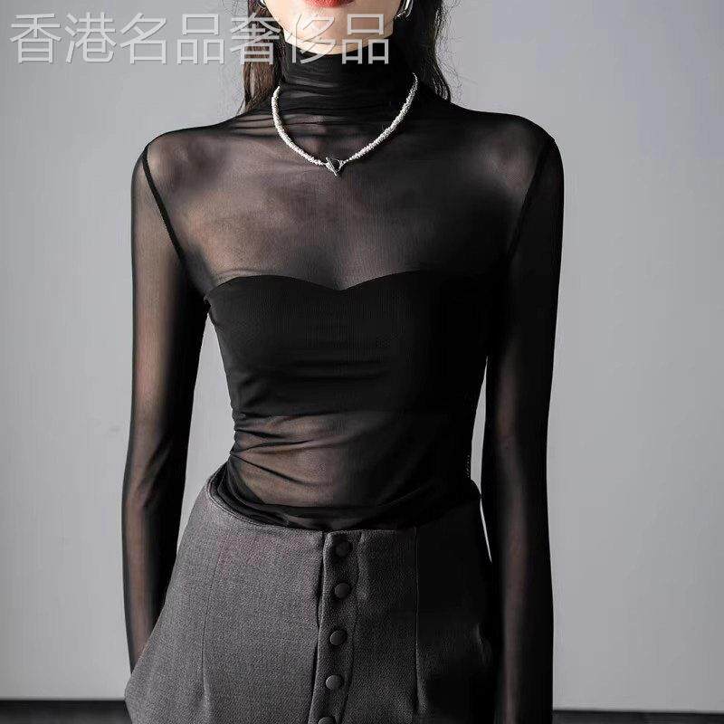 黑色高领长袖网纱蕾丝T恤女秋冬欧货性感风微透内搭打底衫上衣