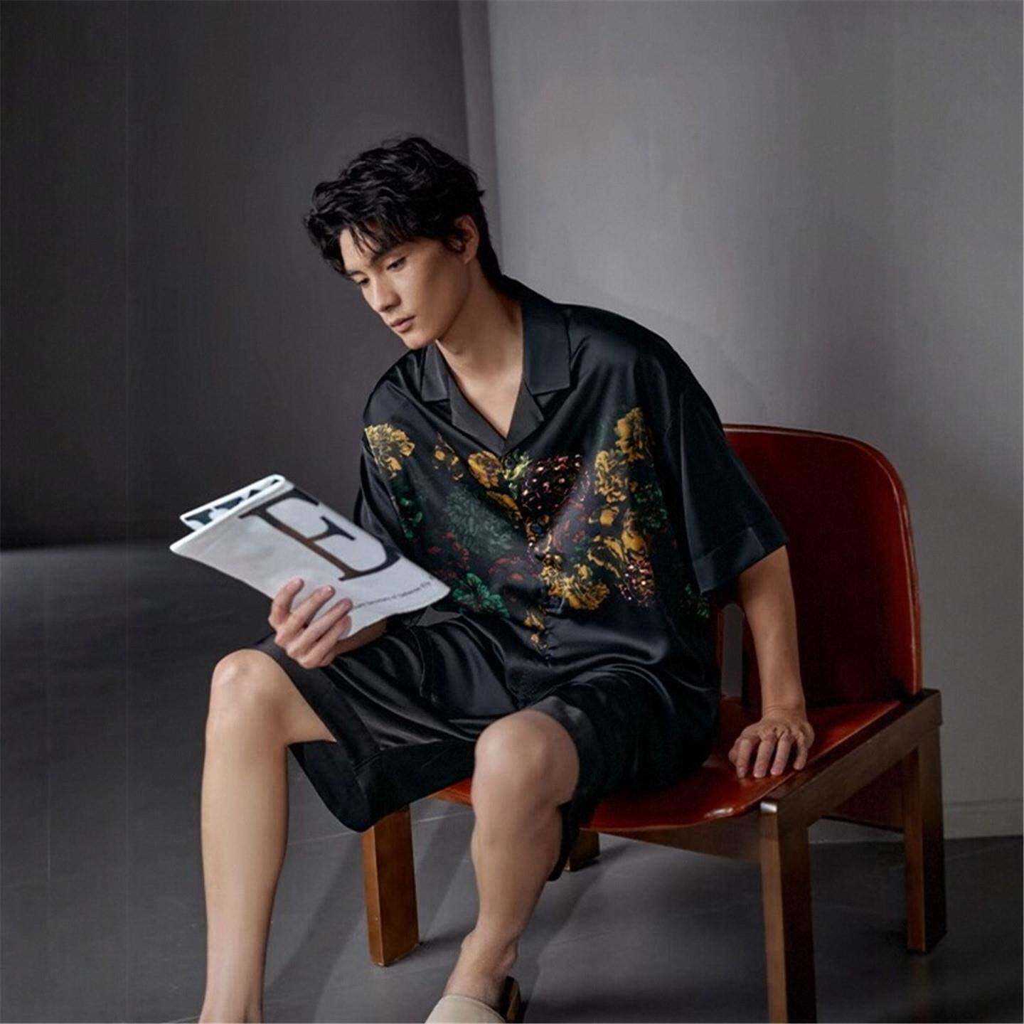 高档男士睡衣夏季冰丝短袖短裤薄款高级感真丝男款轻奢家居服套装