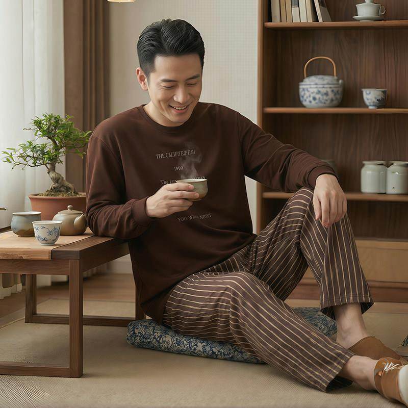 高端品牌睡衣男士春秋款秋季纯棉长袖秋冬款慵懒松弛感家居服套装