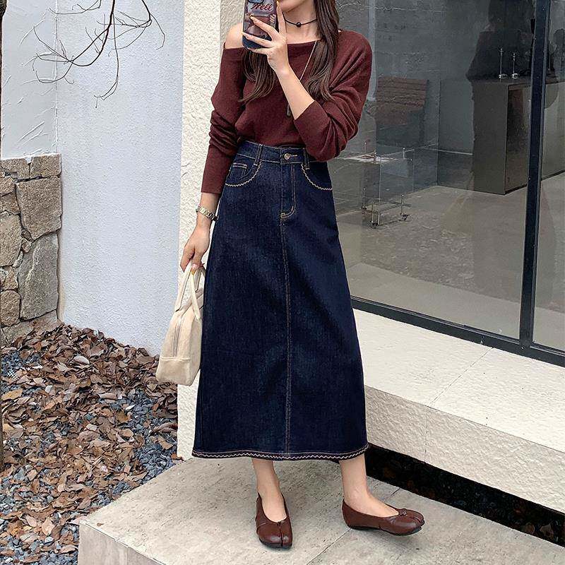 潮牌丹宁蓝牛仔裙女中长款2025秋季新款宽松民族风刺绣开叉半身裙