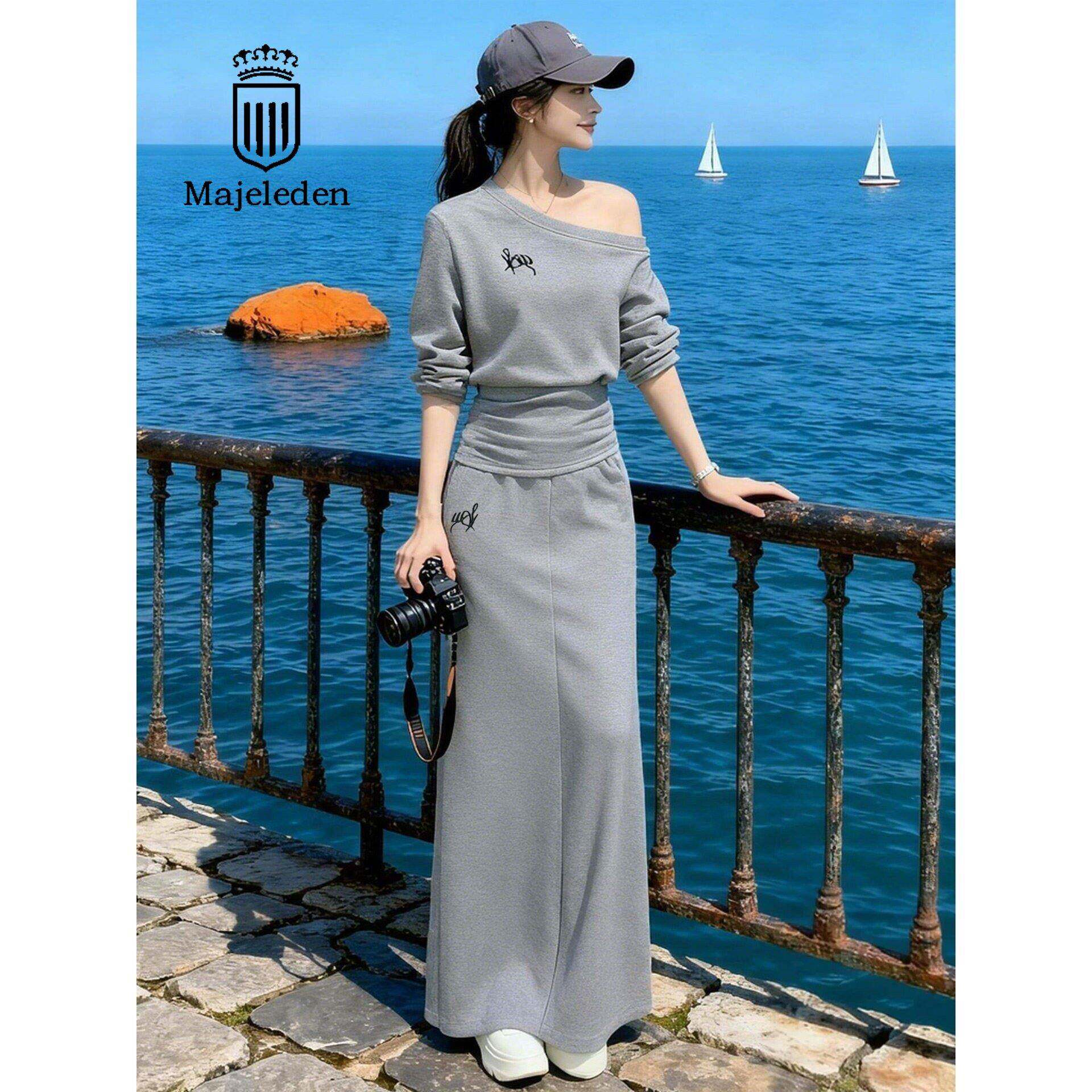 正品2026春夏高级感灰色露肩休闲运动套装女减龄卫衣半身裙两件套