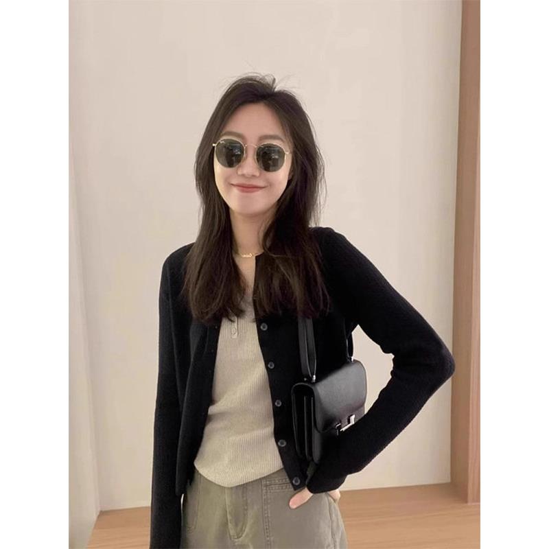 黑色冰丝圆领长袖针织开衫女春秋欧货薄款防晒修身显瘦外搭上衣