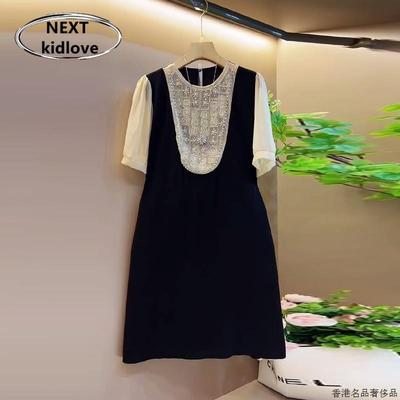 香港大码女装圆领钉珠暗花拼色假两件连衣裙胖mm显瘦减龄休闲裙夏
