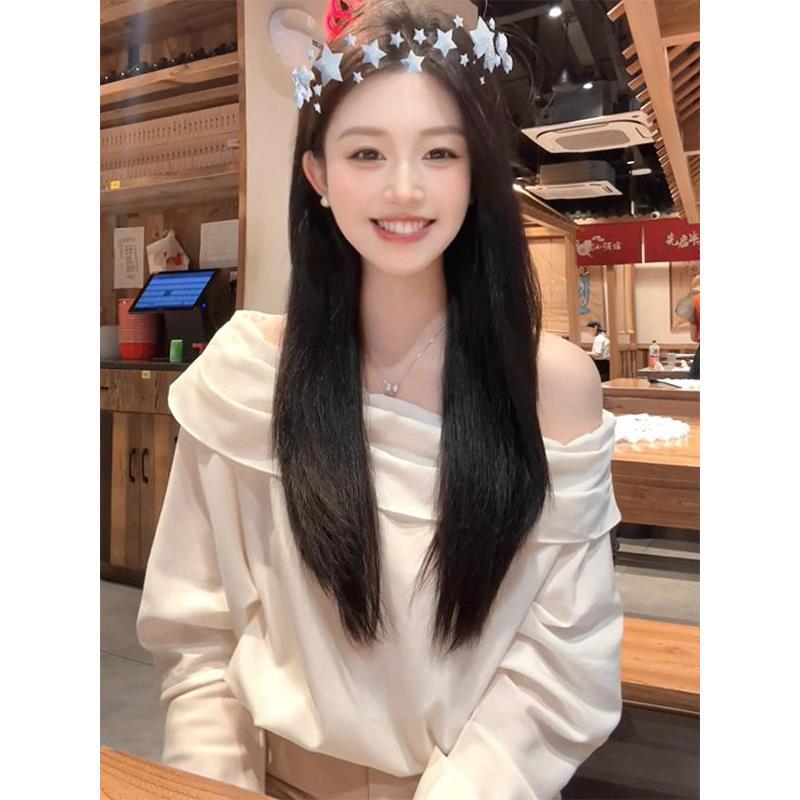 白色斜肩翻领长袖衬衫女春秋欧货优雅气质休闲宽松显瘦小衫上衣