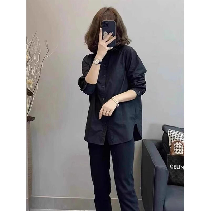 黑色翻领长袖衬衫女春秋欧货修身显瘦叠穿内搭打底衫通勤开衫上衣