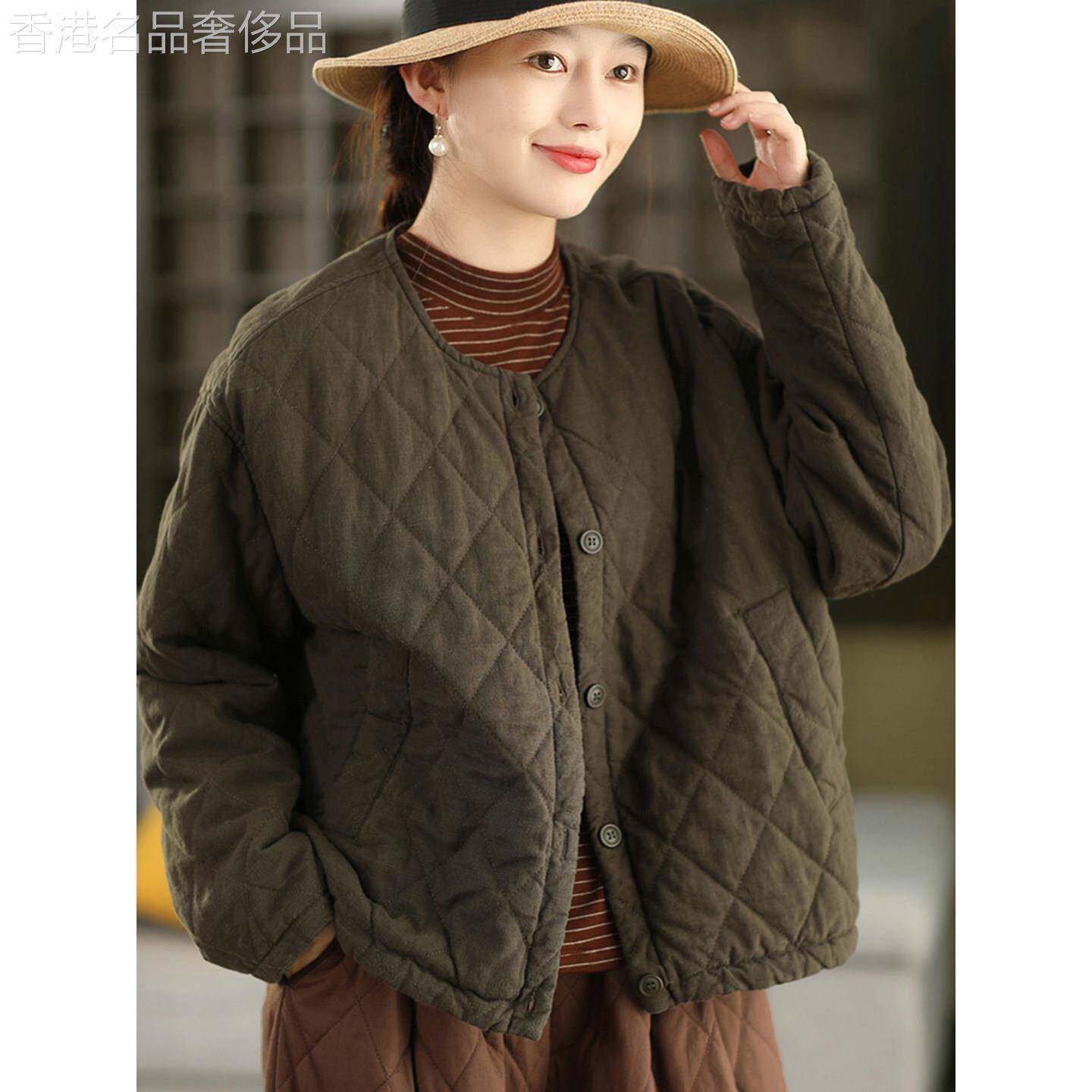 复古亚麻单排扣棉衣女秋冬季2025年新款色织格纹棉服宽松纯色外套