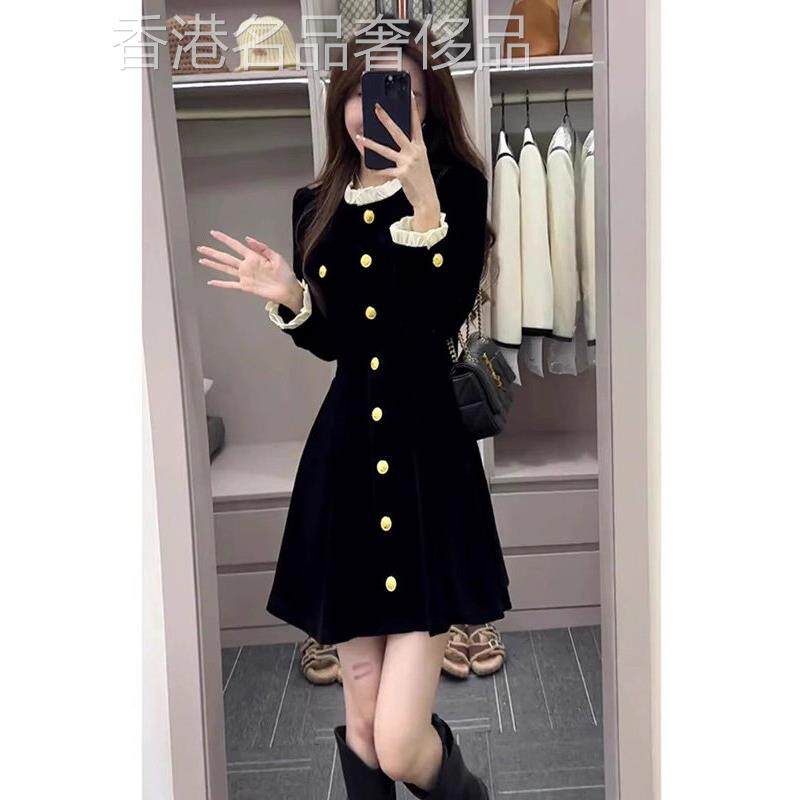 欧洲站法国天鹅绒连衣裙秋季服装小女人生日聚会黑色赫本风格的高