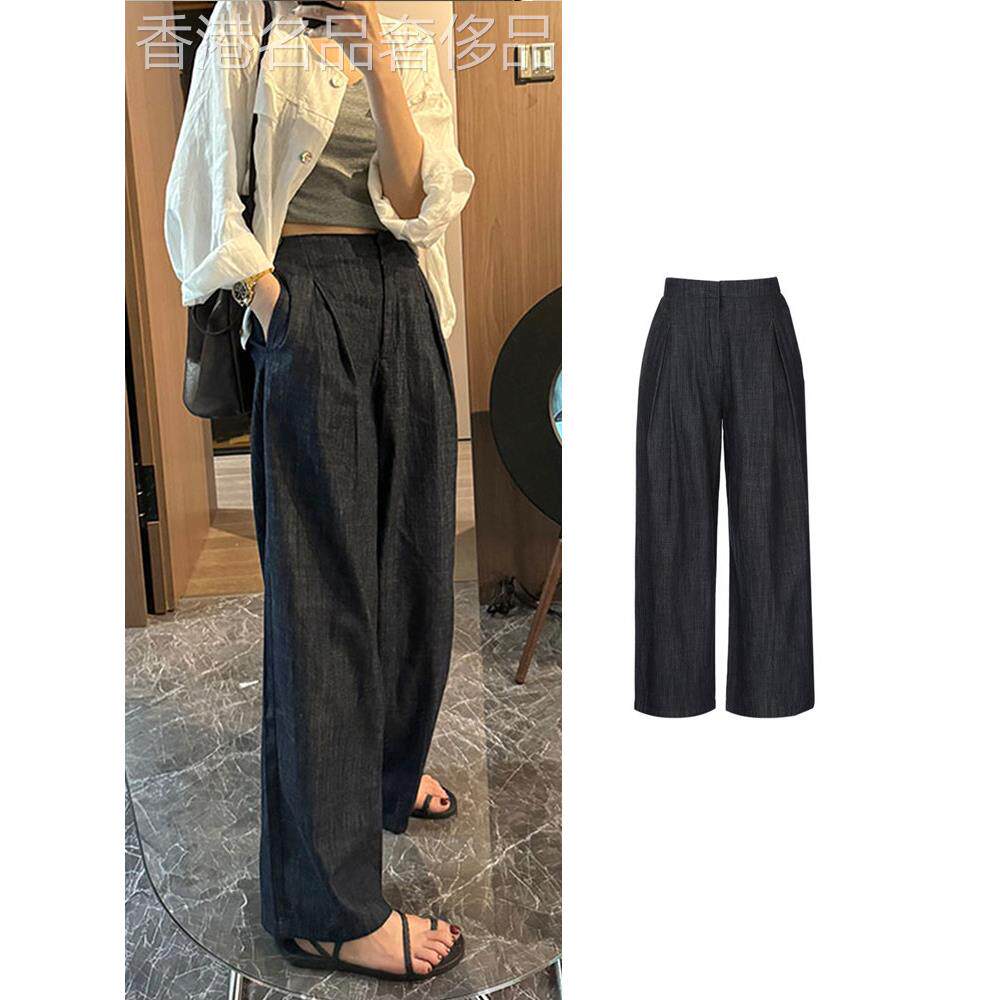 小个子深蓝色软牛仔裤女薄款夏季港风复古冰丝凉凉裤直筒阔腿裤潮