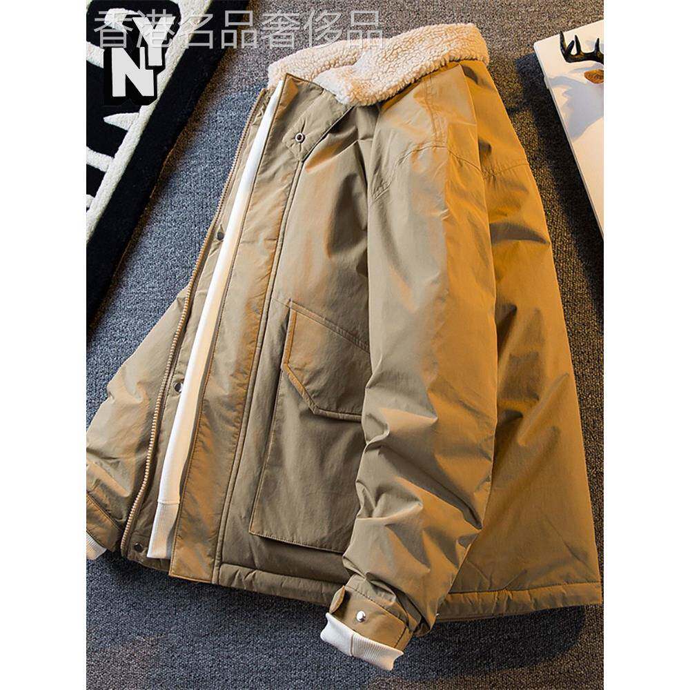 NY立领羊羔绒工装棉服男士冬季加绒加厚保暖棉袄潮牌覆古棉衣外套