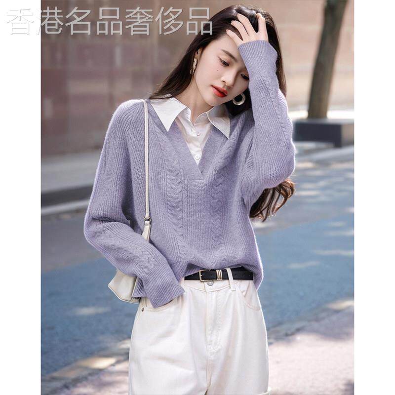 紫色假两件毛衣女2026秋冬新款衬衫领拼接V领复古时尚针织衫上衣