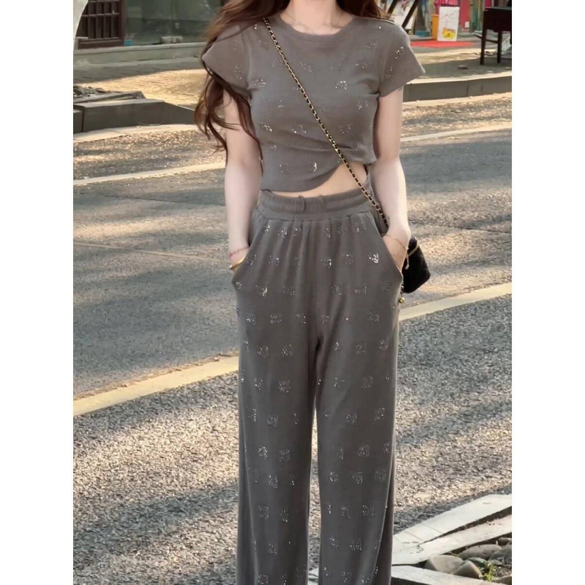 韩国时尚休闲灰色套装女夏季新款烫钻短袖上衣高腰阔腿裤两件套潮