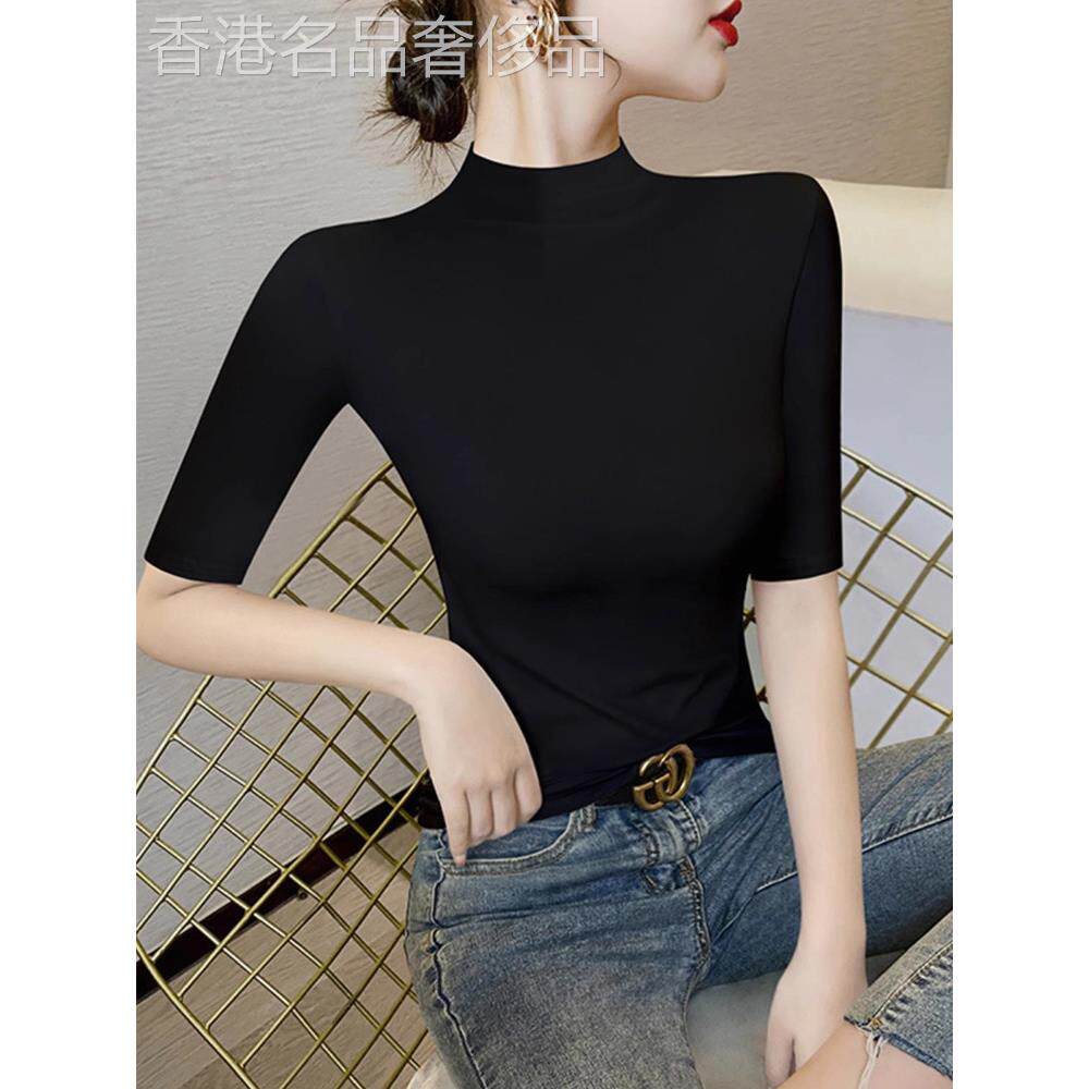 半袖打底衫女2025春秋新款休闲半高领T恤内搭弹力五分袖黑色上衣