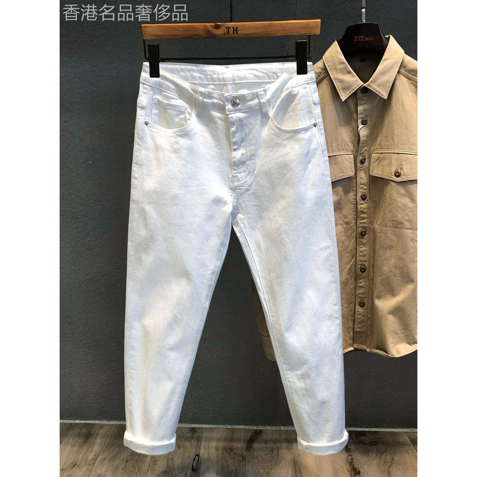香港IT代购质感白色九分牛仔裤男士修身小脚裤百搭潮休闲白色九分