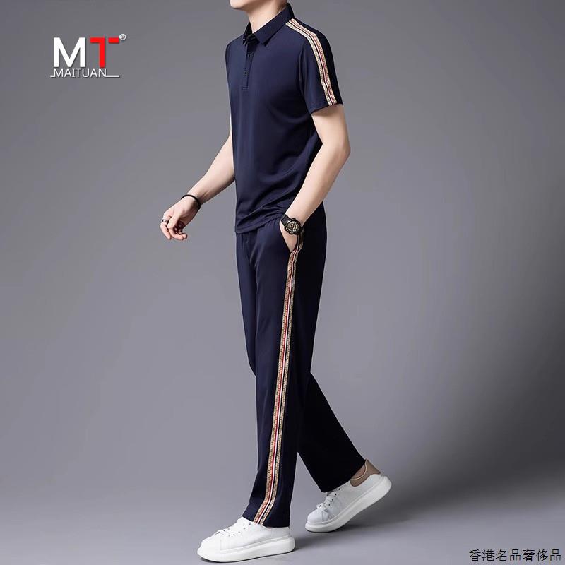 高端冰丝休闲套装男士夏季2025新款短袖polo衫搭配长裤高级感男装
