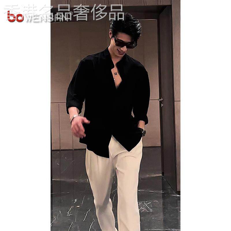 高级感黑色衬衫男士长袖2026新款春夏季那不勒斯短袖衬衫痞帅男款